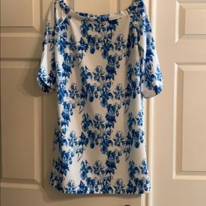 Blue and white floral off the shoulder dress